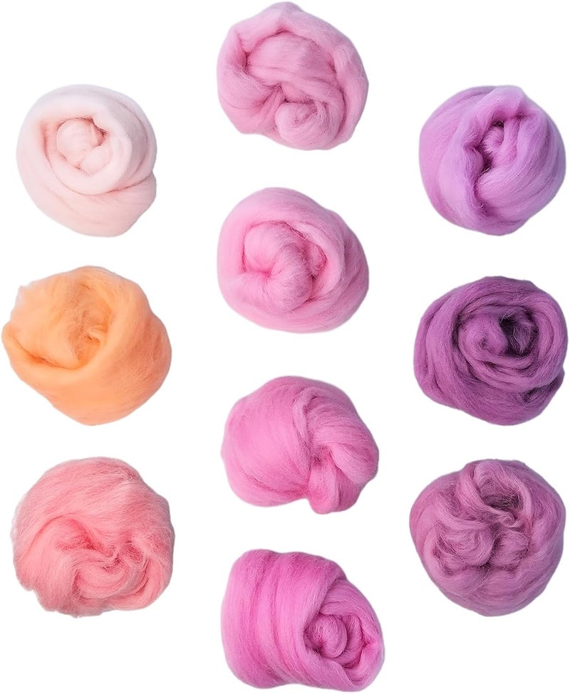 Flylin Needle Felting Wool, 10 Colors Wool Roving Yarn for Beginners and Wet Felting, 10g/Colour Fibre Wool Roving for DIY Craft/Spinning/Wall Hangings/Tapestry (Pink Series) - Image 1